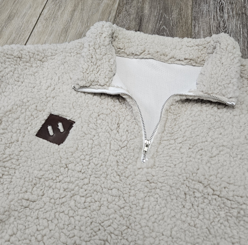 Boutique Quarter Zip Sherpa Pull Over Sweater Beige Cream Women's Medium Cozy - Picture 3 of 6